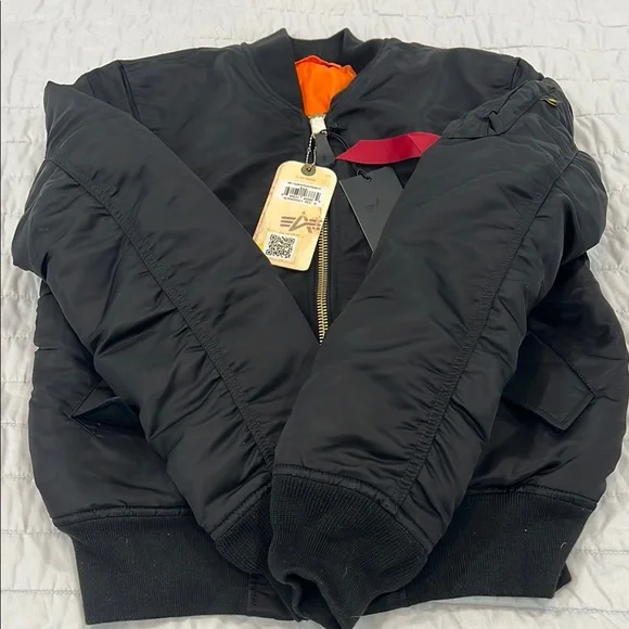 COPY - Alpha Industries Black and Orange Bomber Jacket with Ribbed Details